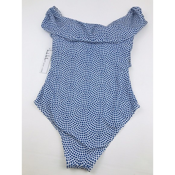 Nicole Miller One Piece Swim Suit Off Shoulders White Blue Size Large - Picture 2 of 5